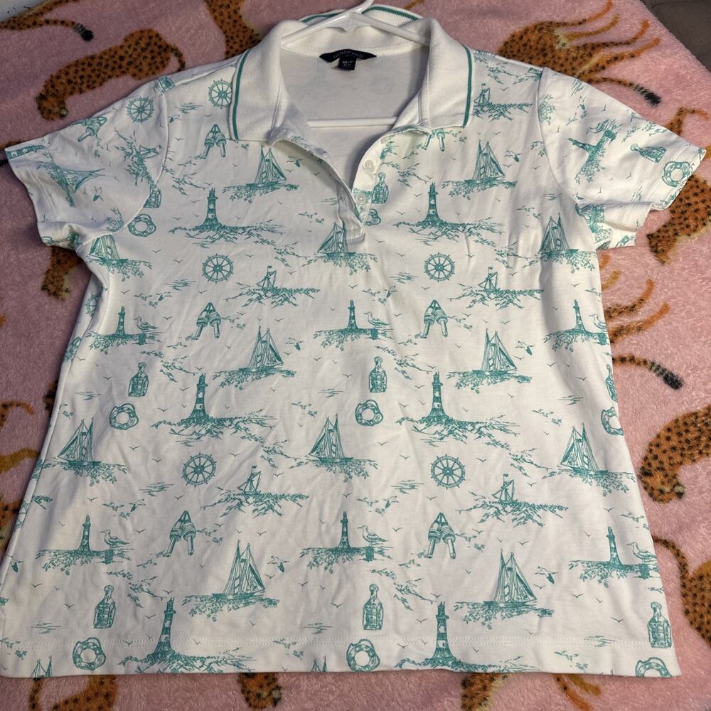 Lands' End Womens Top Medium Petite Polo Shirt Seashore Lighthouse Sailboat